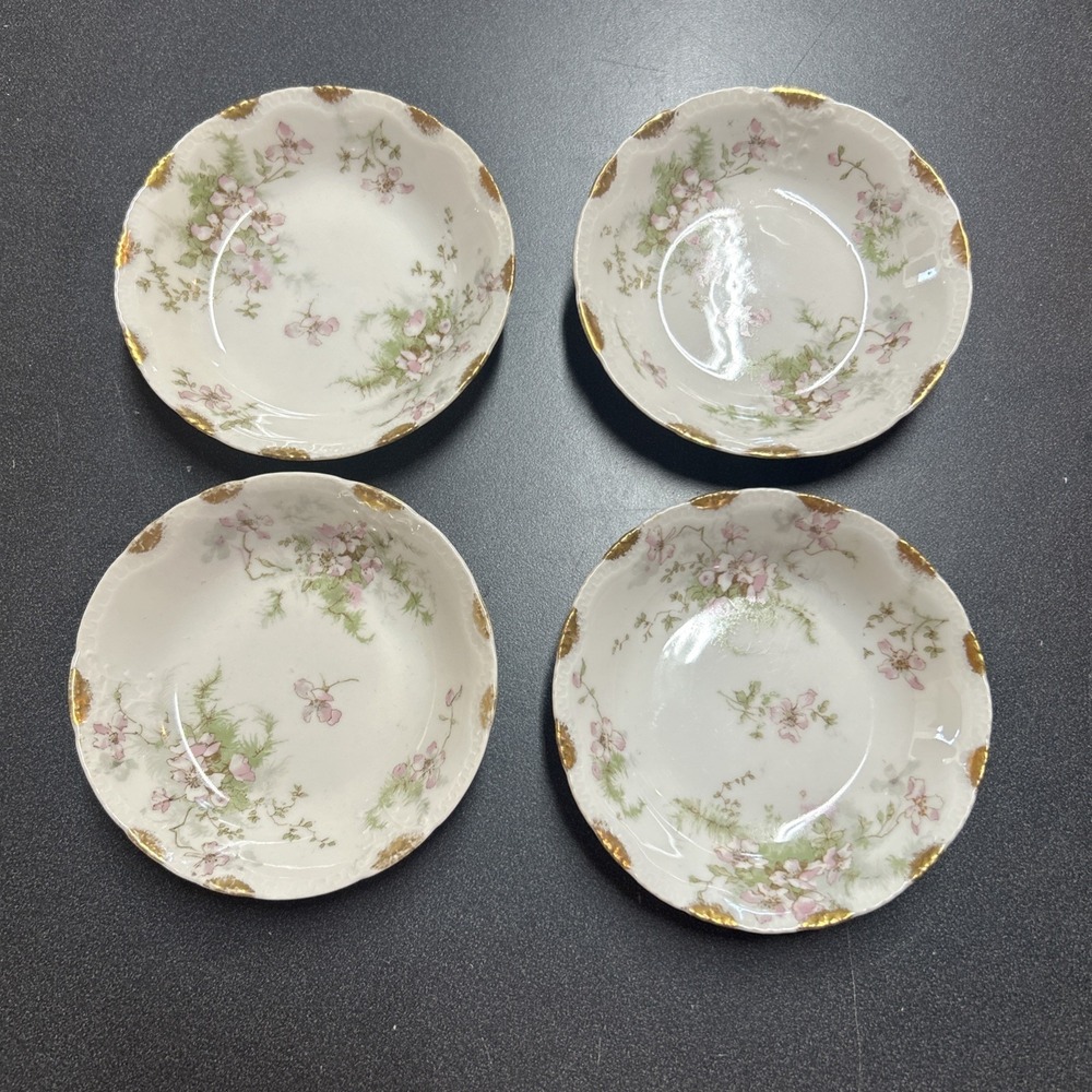 Limoges France Gold Pink Floral Rose 5" Dessert Fruit Bowls Set of 4